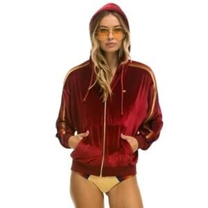 Aviator Nation Red Velvet Zip Hoodie with Gold Stripes